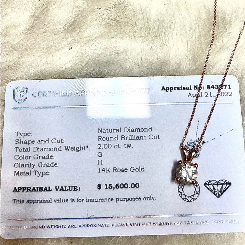 Stunning 2 carat diamond solitaire rose gold necklace